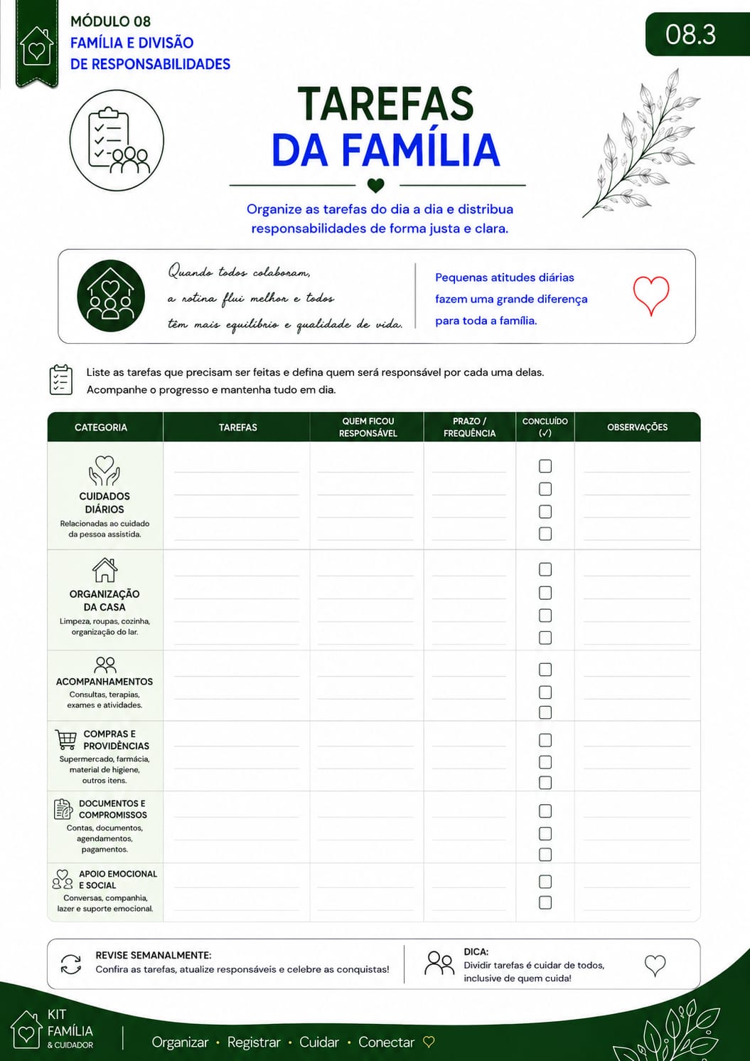 Página de Tarefas da Família do Kit Família e Cuidados