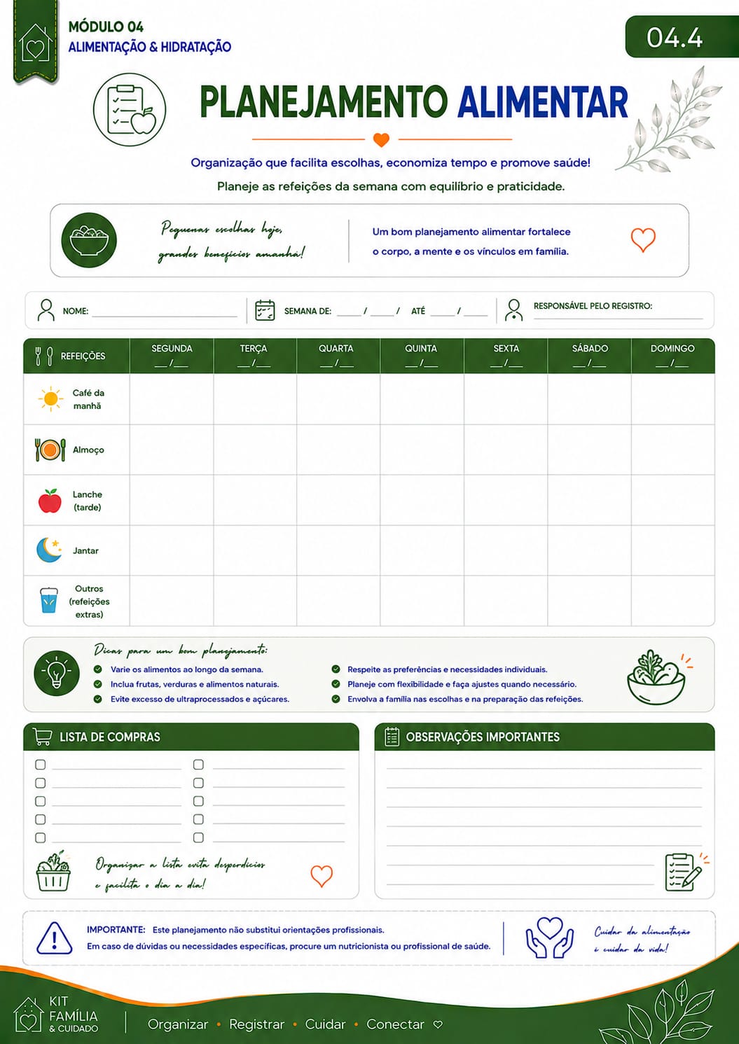 Página de Planejamento Alimentar do Kit Família e Cuidados